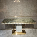 Green Marble Console Table with Curved Stainless Steel Frame and Patterned Leather Pillar